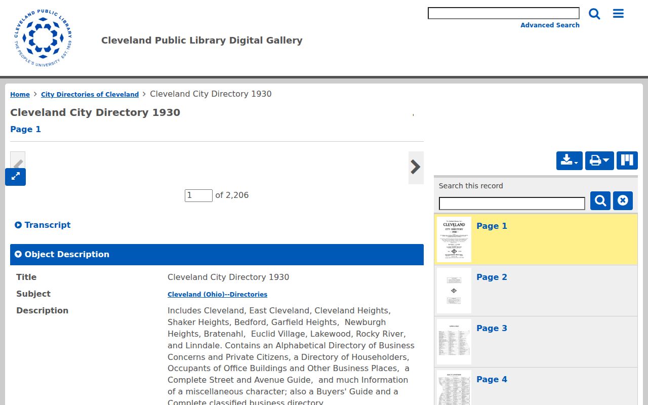 Garfield Heights city directory 1930 Cleveland directory source page