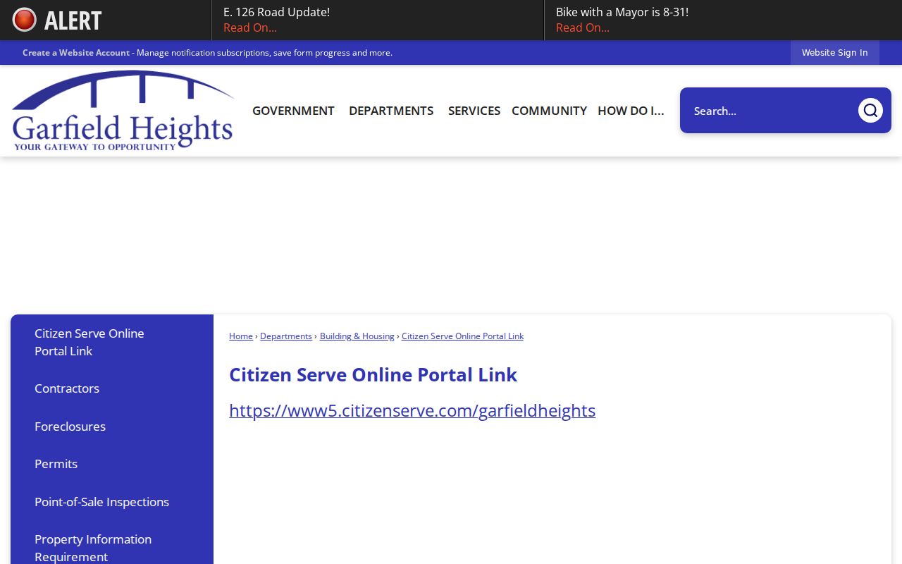Garfield Heights previous residents image of the CitizenServe permit portal link