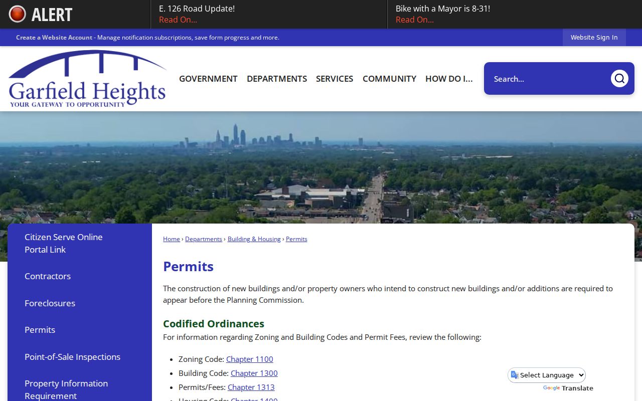 Garfield Heights street directory image of the city permit office page