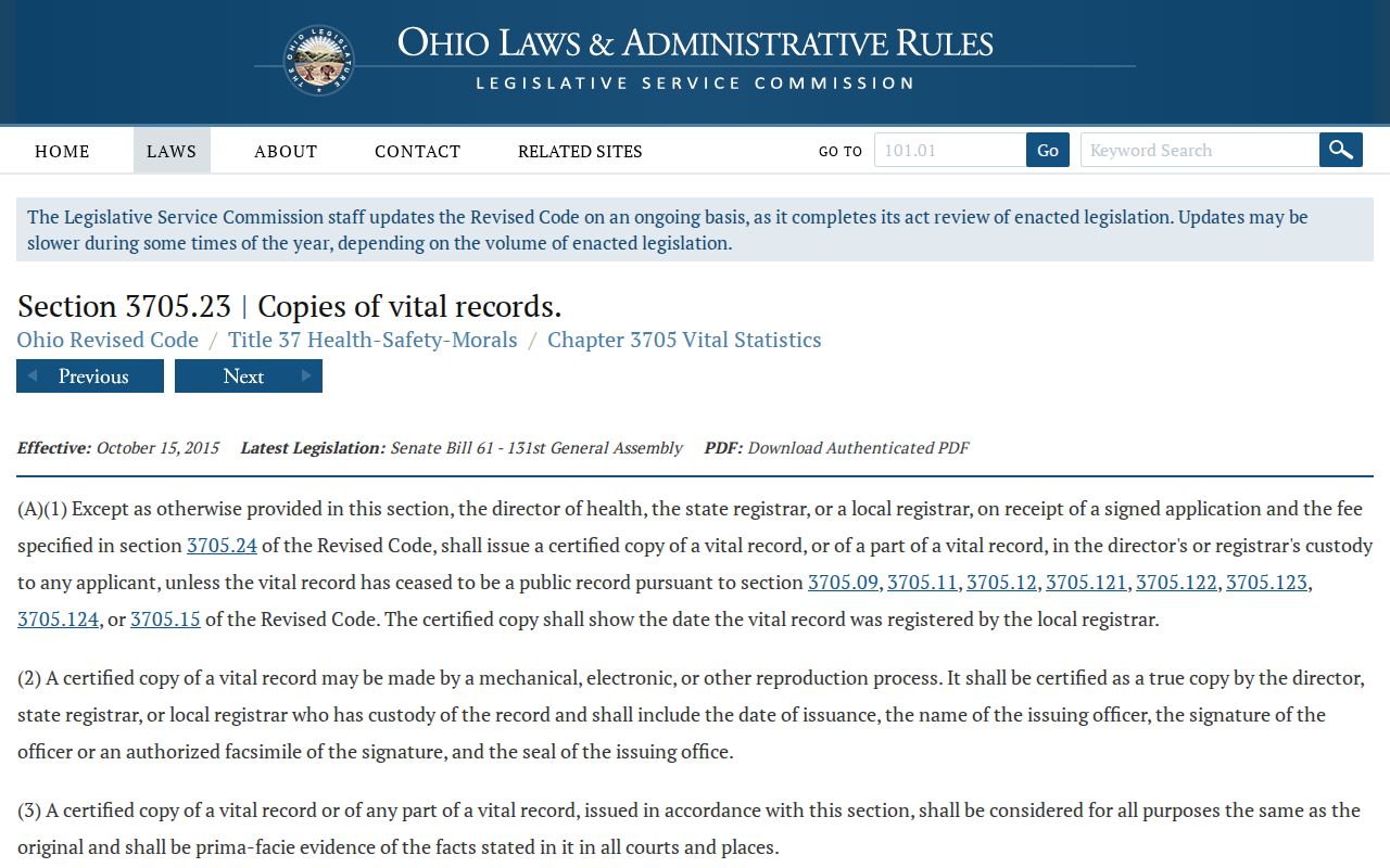 Garfield Heights ZIP code directory Ohio vital records access law